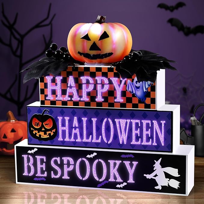 BlcTec Halloween Decorations Indoor, Premium Wood Block Sign with Lighted 3D Letters, Pumpkin, Maples & Berries, Timer Battery Operated Halloween Décor for Home Tabletop, Mantle, Shelf, Tiered Tray