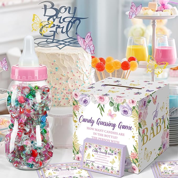 Glenmal 52 Pcs Baby Shower Games Gift Sets Large Baby Bottle for Shower Game Guess How Many Candies Decorations for Gender Reveal(Butterfly)