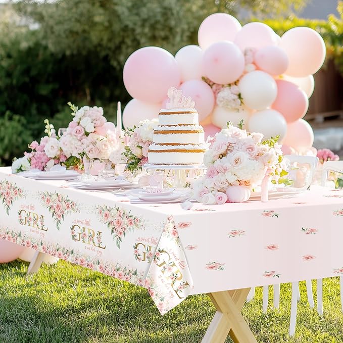 Avezano 3 pcs Girl Baby Shower Tablecloth 108x54 inch Pink Floral Baby Shower Party Tablecovers Disposable A Sweet Little Girl is on Her Way Table Cloth Plastic