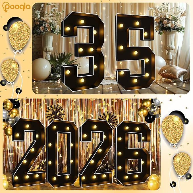 Pooqla 3 FT 4 FT Marquee Light Up Letters, Black Giant Letter Sign Marquee Letter Lights, Big Mosaic Letters Numbers for Balloons Birthday Party Anniversary Wedding Decorations, 3FT Number 0