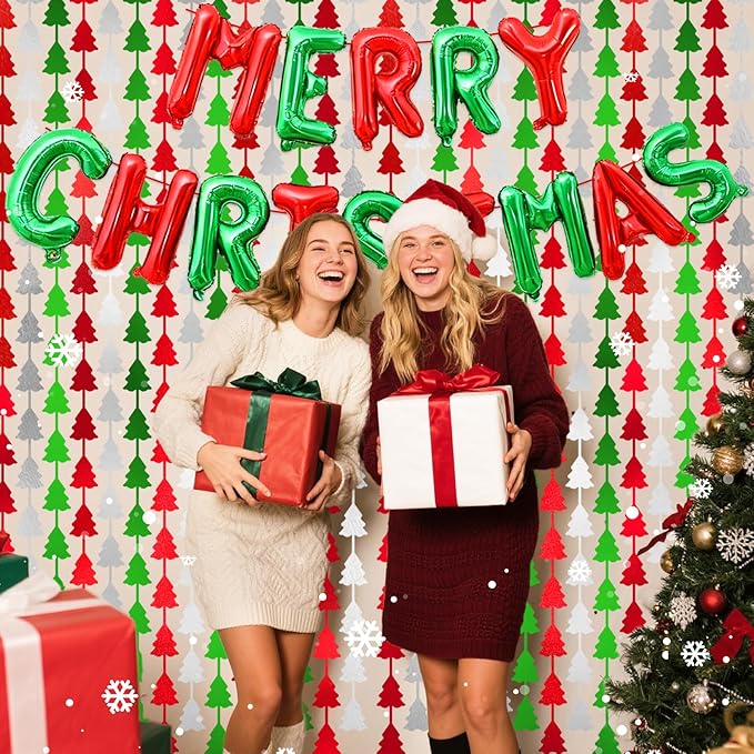 2Pack Christmas Foil Fringe Curtains with Merry Christmas Balloons, 3.3 x 6.6Ft Tree Backdrop Tinsel Photo Booth Props Streamers for New Year Ugly Sweater Xmas Party Decorations Supplies