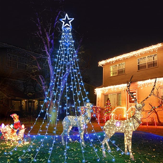 Christmas Decorations Star String Lights, 320 LED Waterfall Tree Lights with 13" Topper Star 8 Lighting Modes Indoor Outdoor Decorative for New Year, Holiday, Wedding, Party