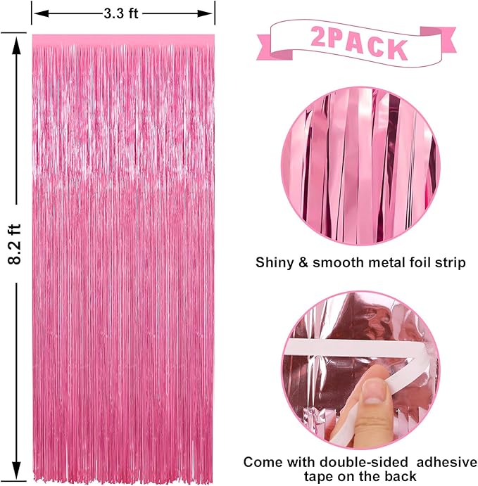 2 Pack Pink Foil Fringe Curtains Streamers Party Decorations 3.3 x 8.2 ft, Pink Tinsel Curtain Fringe Backdrop for Parties, Door Fringe Birthday Streamers, Barbie Backdrop Birthday Party Decorations