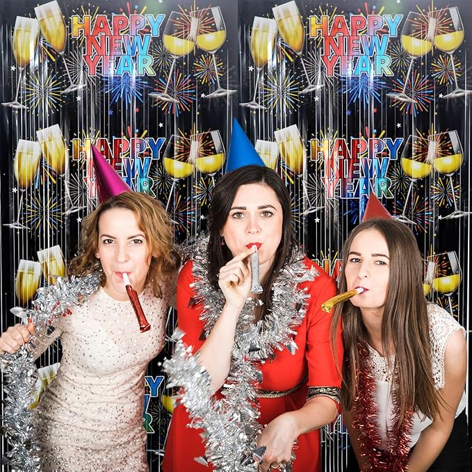 GOER Foil Curtain Backdrop for New Year Eve Party Decorations| Metallic Tinsel New Year Theme Photo Booth Props (5 Pcs)