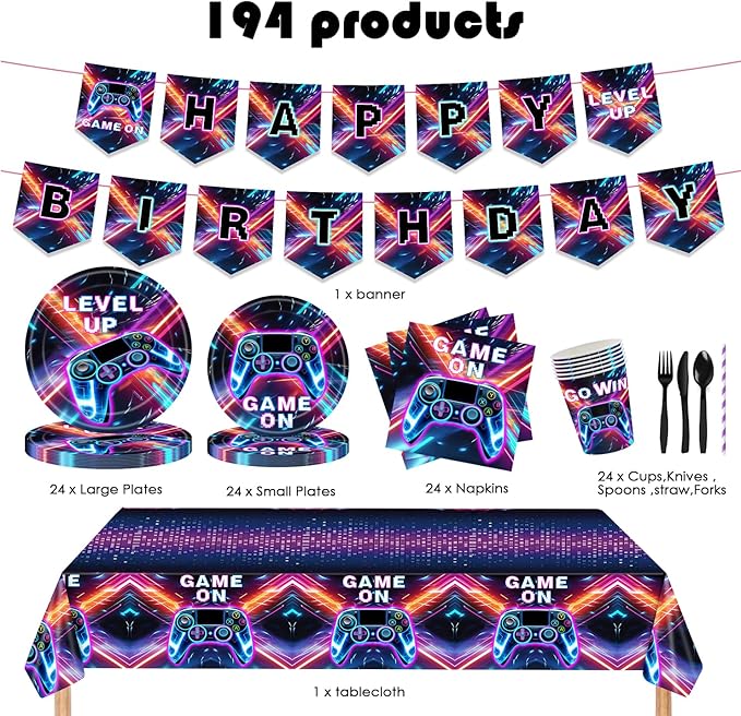 194 Pcs Video Game Party Supplies Serve 24, Includes Game On Neon Themed Tableware, Plates, Napkins, Banner & Tablecloth, Ideal for Gamer Birthday Party Decoration