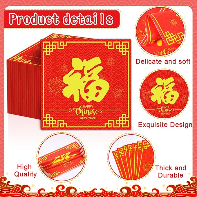 50Pcs Chinese New Year Napkins Disposable 2026 Year of Horse Paper Napkins Supplies Decorations Chinese Spring Festival Happy New Year Party Napkins Set for New Year's Eve Baby Showers Holidays