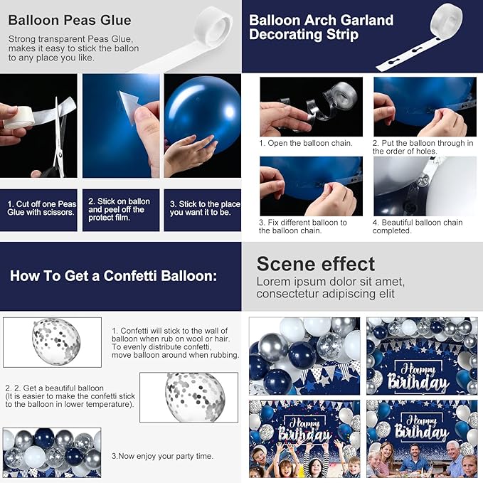 Tatuo Navy Blue Birthday Confetti Balloons Kit Set Photography Backdrop Banner Package for Boys Girls Men Women Birthday Party Decorations Supplies(Navy Blue and Silver)