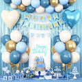 Blue Birthday Decorations,Blue Party Decorations with Dusty Blue White Sand Gold Balloons Happy Birthday Banner Fringe Curtain Light Blue Birthday Party Decor for Boy Kids Baby Men