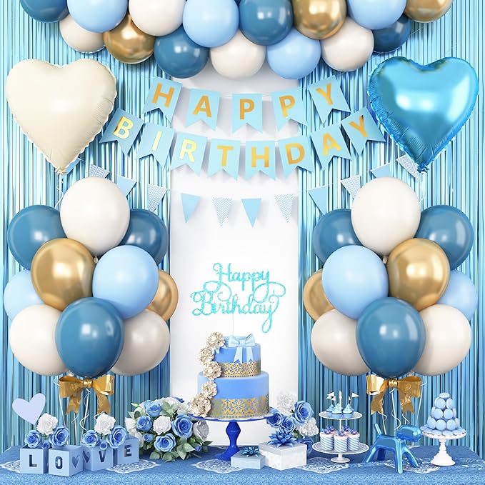 Blue Birthday Decorations,Blue Party Decorations with Dusty Blue White Sand Gold Balloons Happy Birthday Banner Fringe Curtain Light Blue Birthday Party Decor for Boy Kids Baby Men