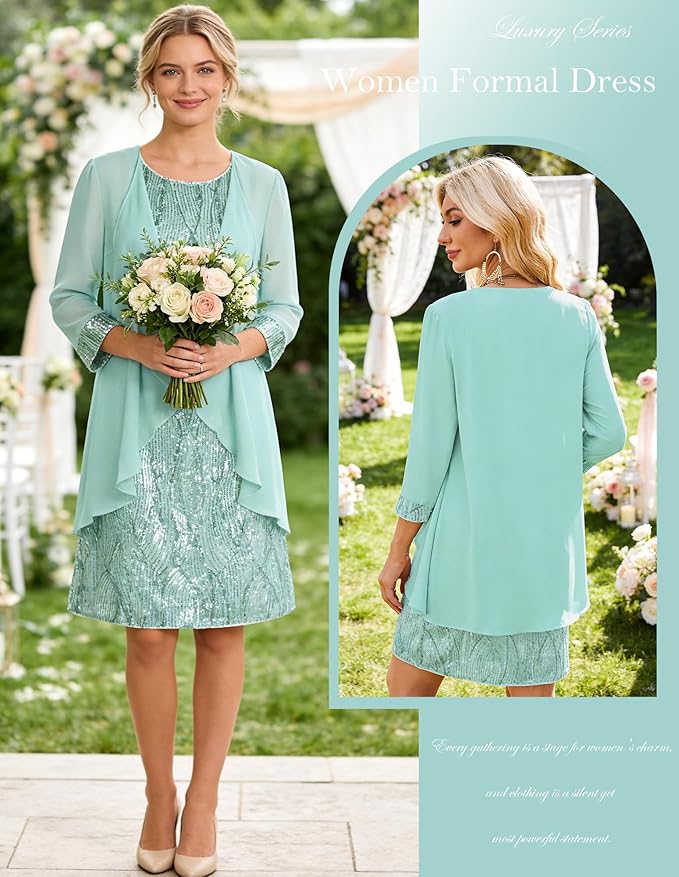 GRACE KARIN Women's Sequin Dress - Wedding Guest & Mother of The Bride Formal Dress - Two Piece Knee Length