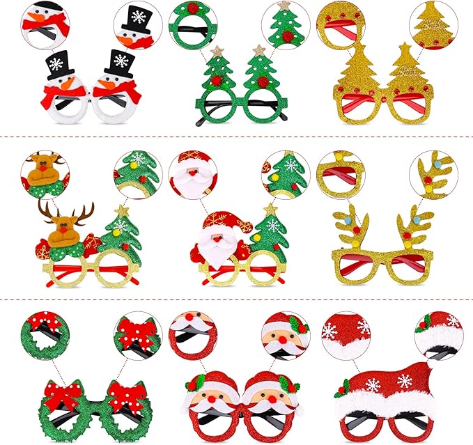 15 Pcs Christmas Glasses Frame Glitter, Costume Eyeglasses Frames Photo Booth Supplies, Xmas Photo Props Eyewears Party Favors Supplies for Adults Christmas Dinner Picnics Holidays