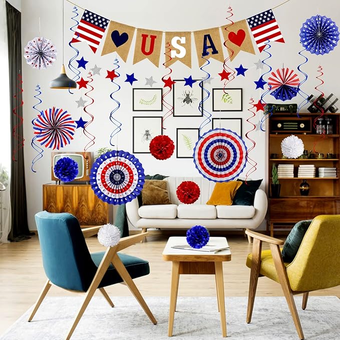 26Pcs Patriotic Decorations 4th of July Decorations LOVE USA Banner Red White Blue Paper Fans Star Streamer Pom Poms Hanging Swirls for Veterans Labor Presidents Flag Memorial Day