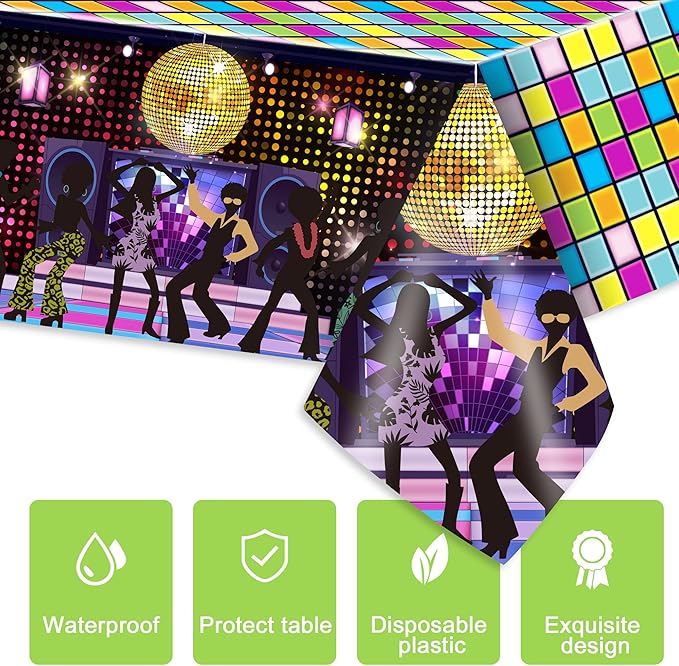 3 Pieces Disco Tablecloth for 70's Disco Party Decoration 70s Table Cover Plastic Rectangle Table Decor for woman and man 1970s Fever Music Record Neon Night Birthday Party Supplies 54 x 108 Inch