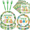 Rakuto Dinosaur Baby Shower Decorations, 96PCS Hatching Soon Baby Shower Disposable Paper Plates Napkins Party Decorations, Watercolor Dinosaur It's a Boy Forks Decor Supplies Serves 24