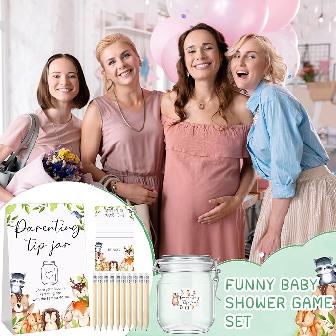 Roowest Baby Shower to Baby Advice Cards for New Parents to Be - Tip Jar Sign for New Parents 60 Parenting Advice Cards 10 HB Pencils 2 Cute Stickers 1 Pet Bottle for Guests Games(Woodland)