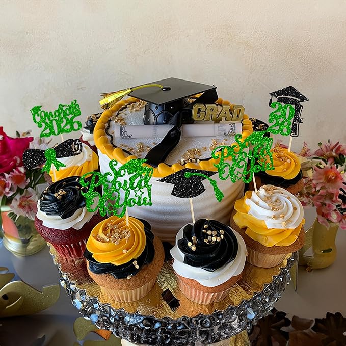 Gyufise 24Pcs Graduation Cupcake Toppers 2026 Glitter Class of 2026 Cupcake Toppers So Proud of You Congrats Grad Cap Diploma Cupcake Picks for Graduation Party Decorations 2026 Green