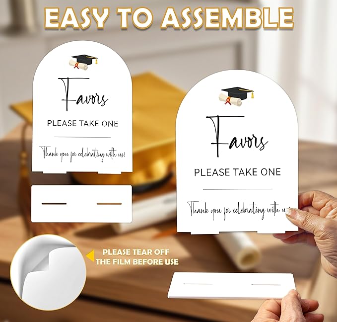 Graduation Favors Sign, 6 x 8 Inch White Arch Acrylic Grad Party Sign with Holder, Graduation Party Sign for Class of 2026, Grad Decor, High School College Party Supplies - DL10