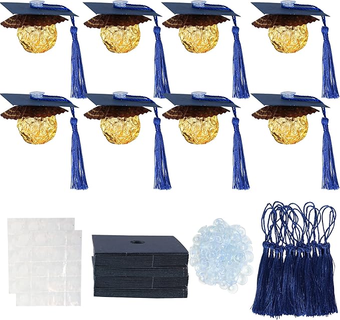 Gyufise 36Pcs 2026 Graduation Cap Cupcake Toppers with Tassel Adhesive Dots Chocolate Decorations Class of 2026 Congrats Grad Cap Cupcake Decorations for 2026 Graduation Theme Party Supplies Blue