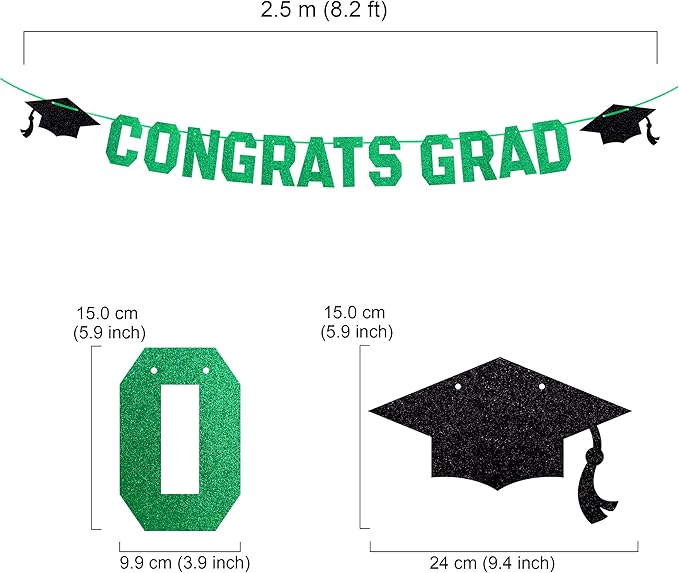 Gexolenu Green Class of 2025 Graduation Theme Party Decoration Banner, Congrats Grad Banner, Black Glitter Graduation Banner, 2025 Black Congratulations Grad Party Decorations