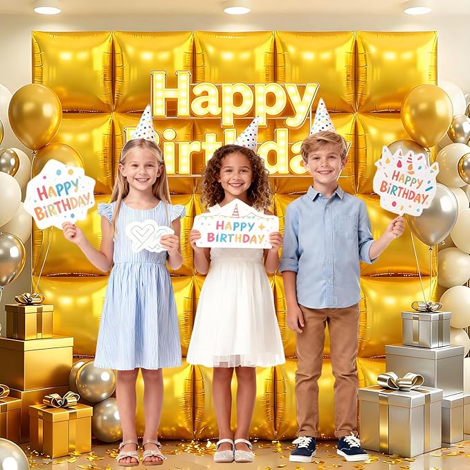 36Pcs Gold Square Foil Balloons Wall Backdrop, Double Sided Metallic Foil Balloons Tunnel Arch Garland Kit for Photo Booth Birthday Wedding Halloween Christmas Party Decorations