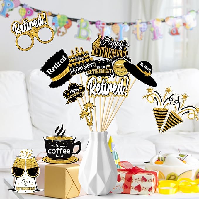 30Pcs Happy Retirement Party Decorations for Men Women, Black Gold Retirement Photo Booth Props, Cheers to Retirement Party Supplies, We Will Miss You Retirement Party Sign