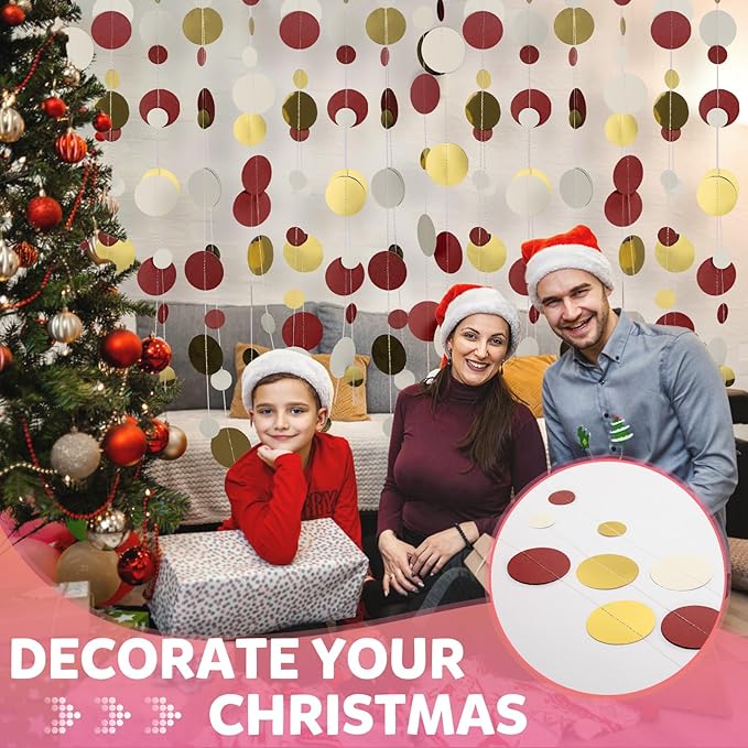 52FT Party Garlands, Paper Garland Circle Dots, Hanging Circle Banner Decorations for Birthday, Party, Wedding, Baby Shower, Graduations, Christmas, Wall Decor (Gold White Red Garlands)