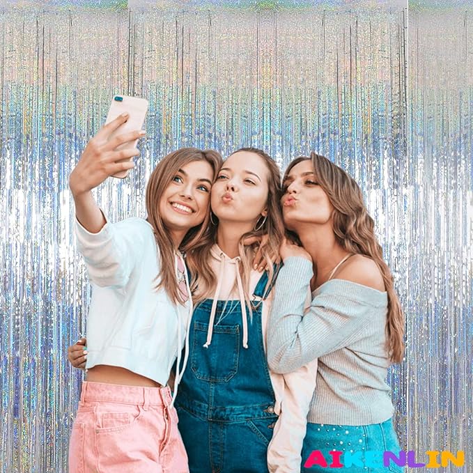 4 Pack 3.2Ft x 8.2Ft Silver Foil Fringe Curtain Backdrop, Metallic Tinsel Foil Fringe Streamers Curtains Background for Photo Booth, Birthday, Wedding, Disco, Bachelorette, Christmas Party Decoration