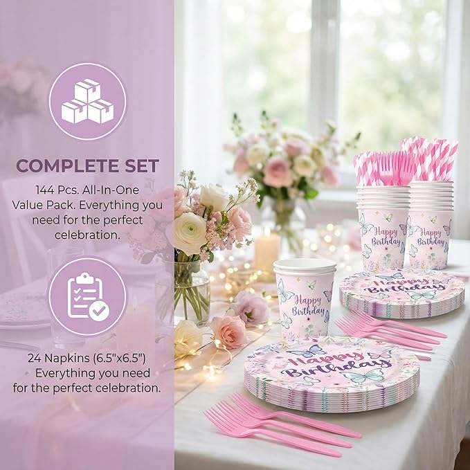 Spring Butterfly Themed Party Decorations Supplies Butterfly Flower Themed Party Tableware Set Include Plates, Cups, Napkins,Cutlery and Straw for Gril Birthday Party Decorations Serves 24