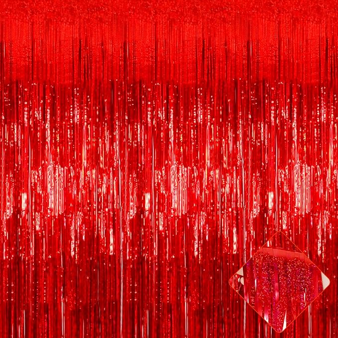 4 Pack 3.2Ft x 8.2Ft Red Foil Fringe Curtain Backdrop, Metallic Tinsel Foil Fringe Streamers Curtains Background for Photo Booth, Birthday, Wedding, Disco, Bachelorette, Christmas Party Decoration