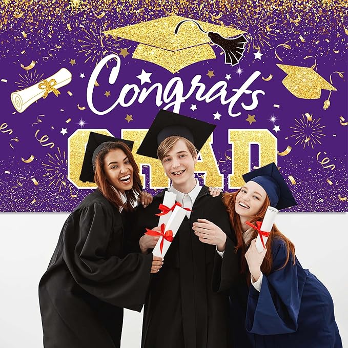 Graduation Party Decorations - Purple Gold Congrats Grad Class of 2026 Backdrop Banner Large Sign Wall Decorations Photography Background Party Supplies for 2026 Graduation Party Decorations