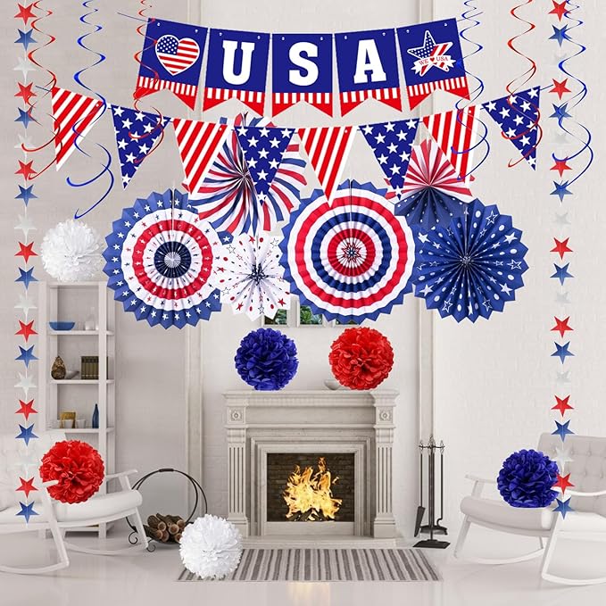 4th of July Patriotic Party Decorations, 6 Paper Fan, 6 Flower Ball, 1 USA Swallowtail Flag, 1 USA Pennant Flag, 1 Star Streamer, 6 Swirl, Independence Day, Memorial Day, Veterans Day Decor Supplies