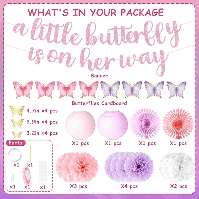 Kriyokiaa Butterfly Baby Shower Decorations for Girls 16 Pcs Baby Girl Shower Decorations with Butterfly Banners, Paper Pom Poms, Lantern, Fans Perfect for Indoor & Outdoor Celebrations
