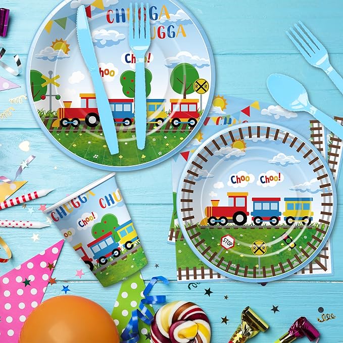 APOWBLS Train Birthday Party Supplies Tableware, Chugga Choo Train 1st 2nd 3rd Birthday Decorations, Paper Plate, Cup, Napkin, Disposable Cutlery, Straw, Tablecloth | 24 Guests