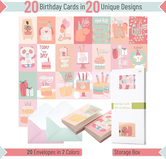 Mr. Pen Assorted Greeting Cards with Envelopes, 20 Pack - 4 x 6 Inches, Birthday and Greeting Card Pack, Box of Cards