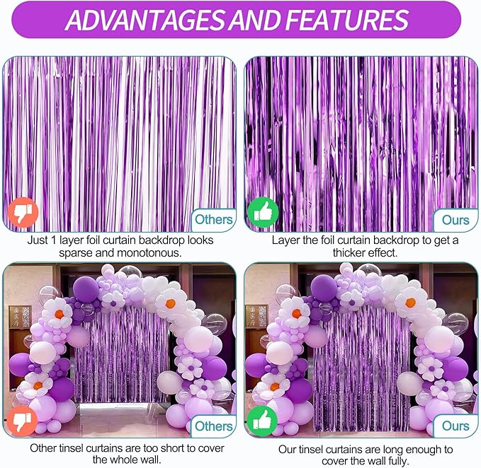 Crosize 2 Pack 3.3 x 9.9 ft Purple Foil Fringe Backdrop Curtain, Tinsel Curtain Streamers for Birthday Bachelorette Valentines Day Graduation Parties