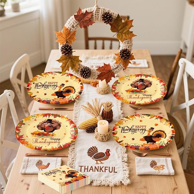 100Pcs Thanksgiving Oval Paper Plates and Napkins Set, 10" x 12" Turkey Designed Party Plates, Large Disposable Dinner Plates for Fall Party and Thanksgiving Day
