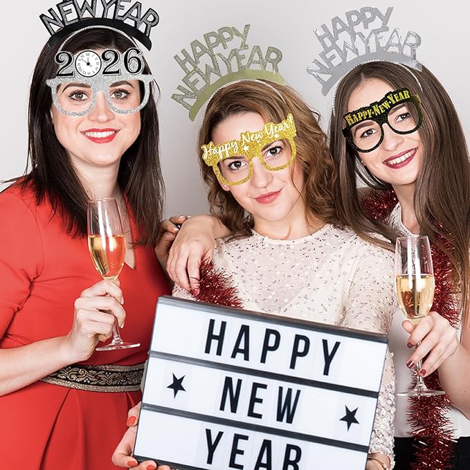 39 Pieces New Years Eve Party Supplies 2026,Happy New Year Headband Tiara, New Year Glasses 2026