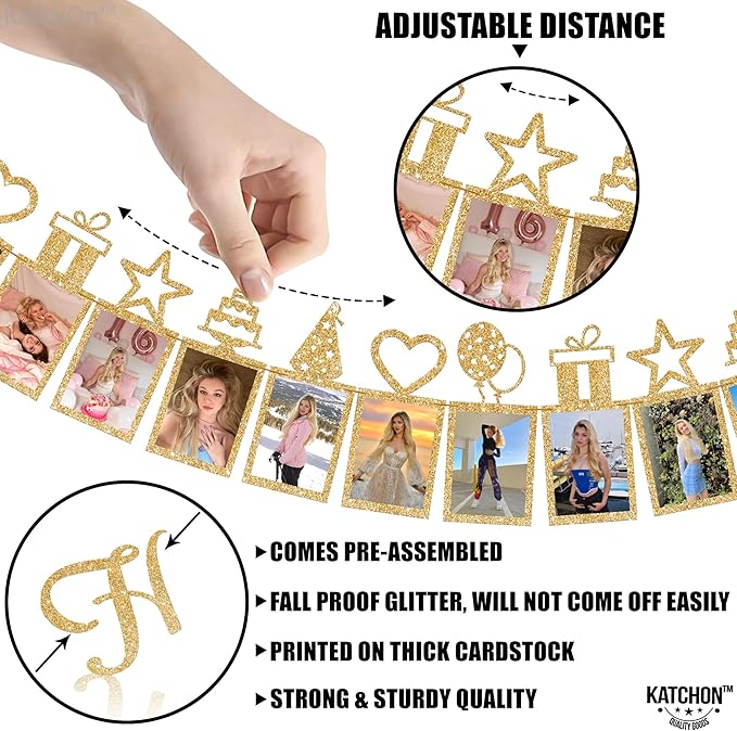 KatchOn, Glitter Gold Happy Birthday Photo Banner - Prestrung, 2 Strings, 10 Feet | Happy Birthday Banner with Photo for Gold Birthday Decorations