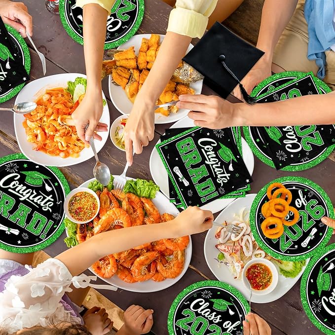Graduation Decorations 2026 Graduation Party Plates and Napkins Set Black Green Class of 2026 Graduation Party Supplies for Congrats Grad Party Decor, Serve 50