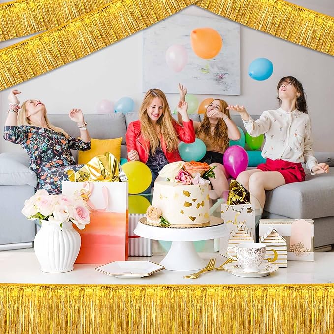 4 Pack 10 Ft Gold Foil Fringe Garland Metallic Streamers Tinsel Banner Wall Hanging Garland Backdrop for Parade Floats, Halloween, Christmas, Thanksgiving, New Year Party Decorations
