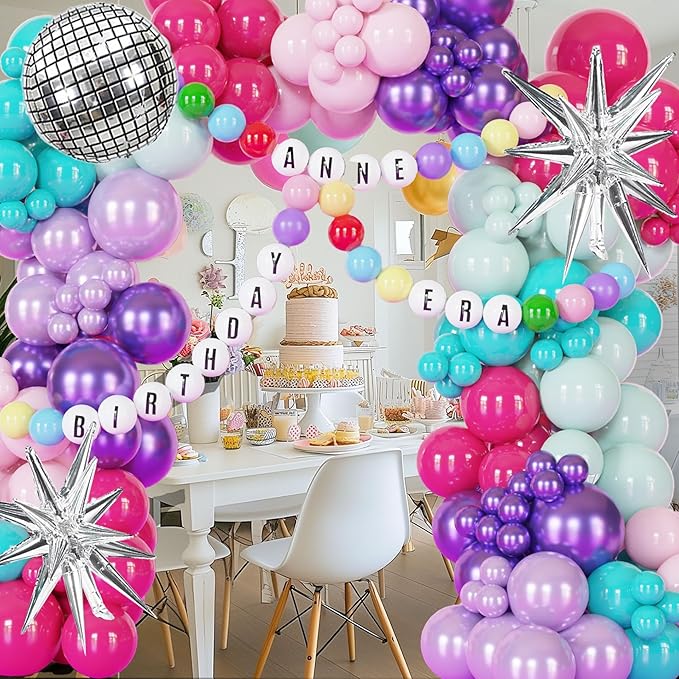 178pcs Pink Purple Blue Balloon Garland Disco Ball Custom Bracelet Banner Kits For Teenage Party Decorations Music Fans Princess Themed Photo Backdrop Birthday,Bachelorette Party