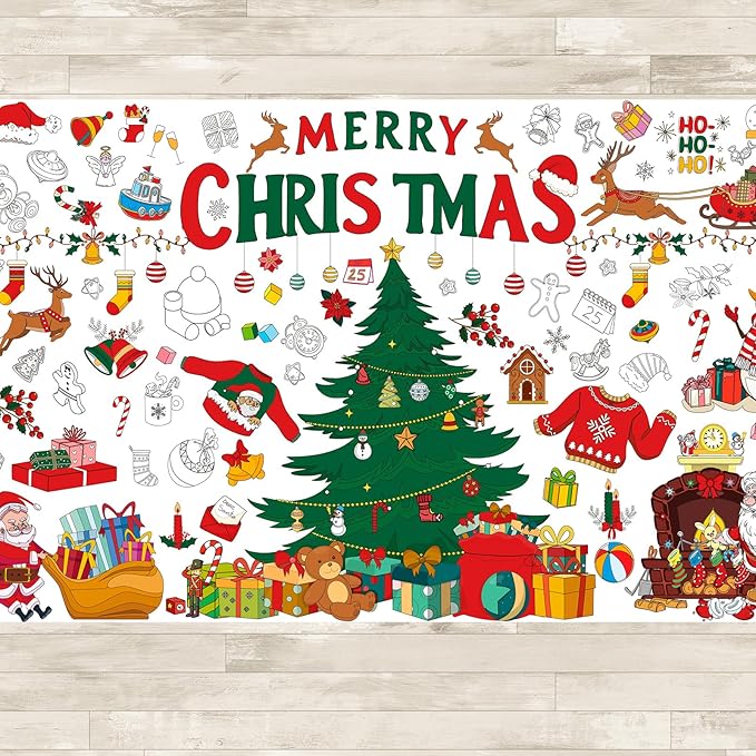 AinDen Giant Christmas Coloring Poster Tablecloth for Kids, 30×72 Jumbo Holiday Coloring Banner, Xmas Crafts & Activities for Parties, Classrooms, Kids Gifts