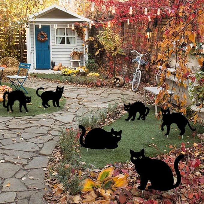 6 PCS Halloween Yard Signs,Scary Black Cat Yard Signs with Stakes,Halloween Decoration for Lawn Garden Courtyard