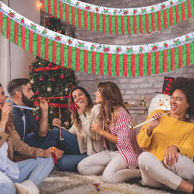 Mega-L Christmas Decorations 2Packs 39Feet Foil Fringe Garland Tinsel Streamers, Red Sliver and Green Jingling Bell Metallic Hanging Backdrop Banner Table Skirts for Parade Floats Golf Cart Holiday