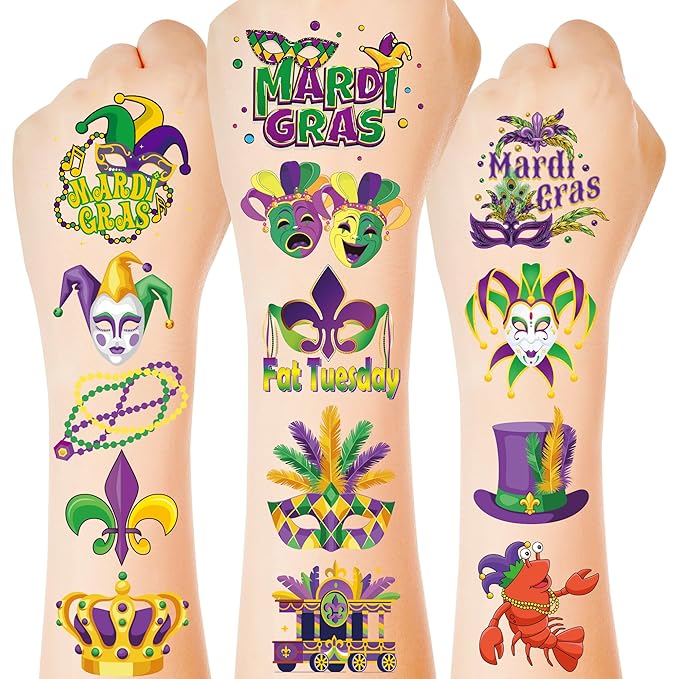12 Sheets Mardi Gras Tattoos, Mardi Gras Stickers Accessories, New Orleans Carnival Party Favors Crown Mask Tattoos Stickers for Fat Tuesday Parades Masquerade Decorations