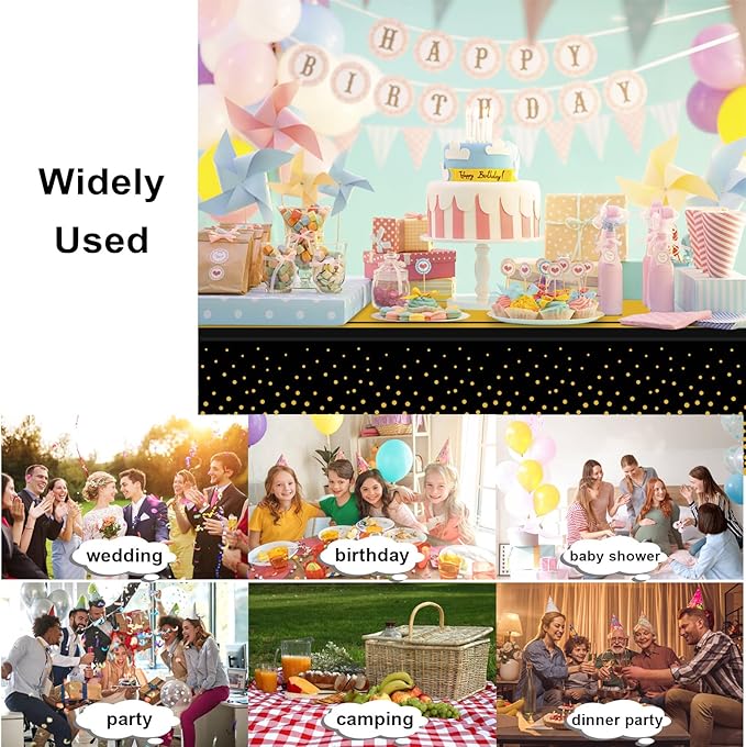 2 Pack Black and Gold Tablecloth Party Decorations Plastic Black Tablecloth Printed Gold Table Runner 54 x108 Inch Disposable Rectangle Table Cover for Birthday Wedding Graduation Anniversary