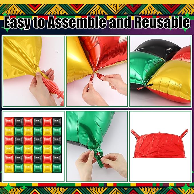 50 Pcs Juneteenth Party Decoration 19'' Double Sided Square Foil Balloons in Red Green Gold Black Juneteenth Backdrop 1865 Freedom Day Supplies African American Celebration Wall Backdrop