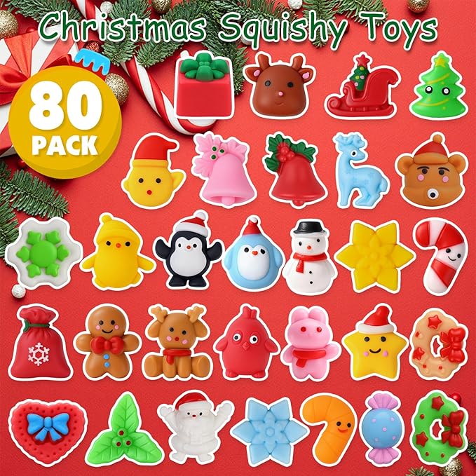 80 Pack Christmas Squishy Toys Squishies, Mochi Squishy Party Favors for Kids,Christmas Toys for Kids,Squishy Fidget Stress Reliever, Goodie Bags Fillers Birthday Xmas Gifts Stocking Stuffers