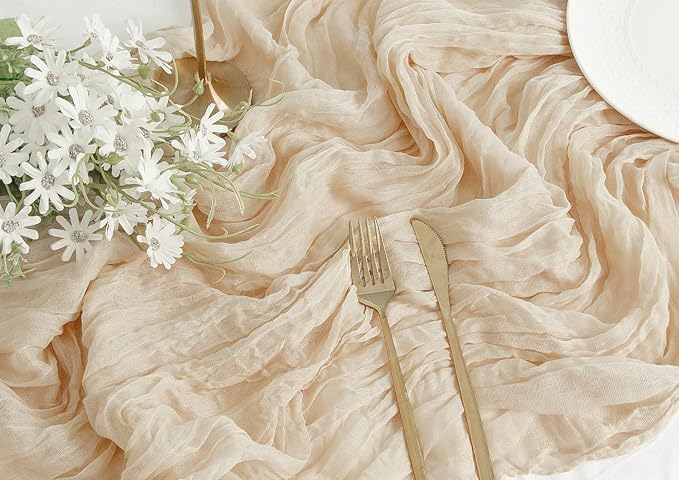 FEXIA 6 Pack Beige Gauze Table Runner 35x120 Inches for Centerpiece Table Decorations Ivory Cheesecloth Rustic Boho Table Runner for Bridal Shower Wedding Party First Communion Centerpiece Engagement