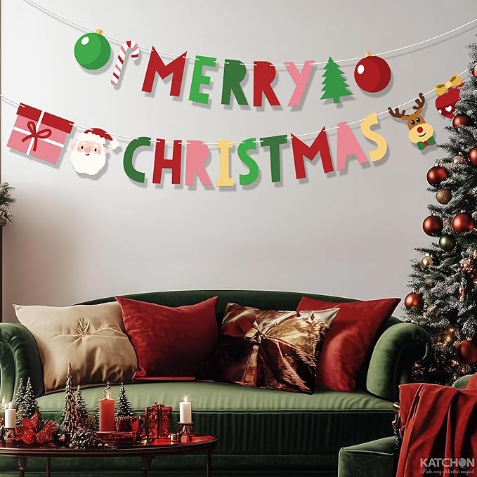 KatchOn, Colorful Merry Christmas Banner - 10 Feet, No DIY | Merry Christmas Decorations Outdoor, Indoor | Red Xmas Decorations | Hanging Garland Decoration for Home Wall Mantle Fireplace Party